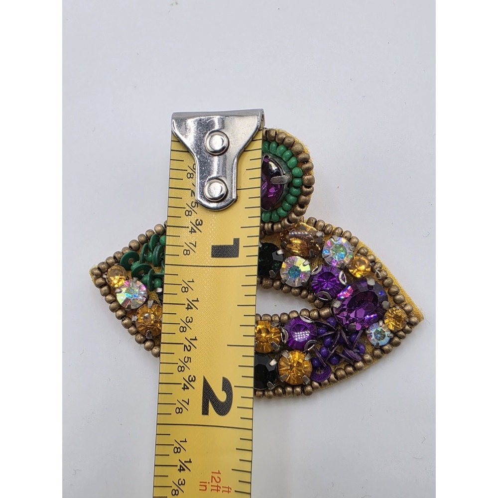 Mardi Gras Beaded Lip Earrings Purple Green Gold Rhinestone Statement‎ 2.5in - Picture 5 of 6